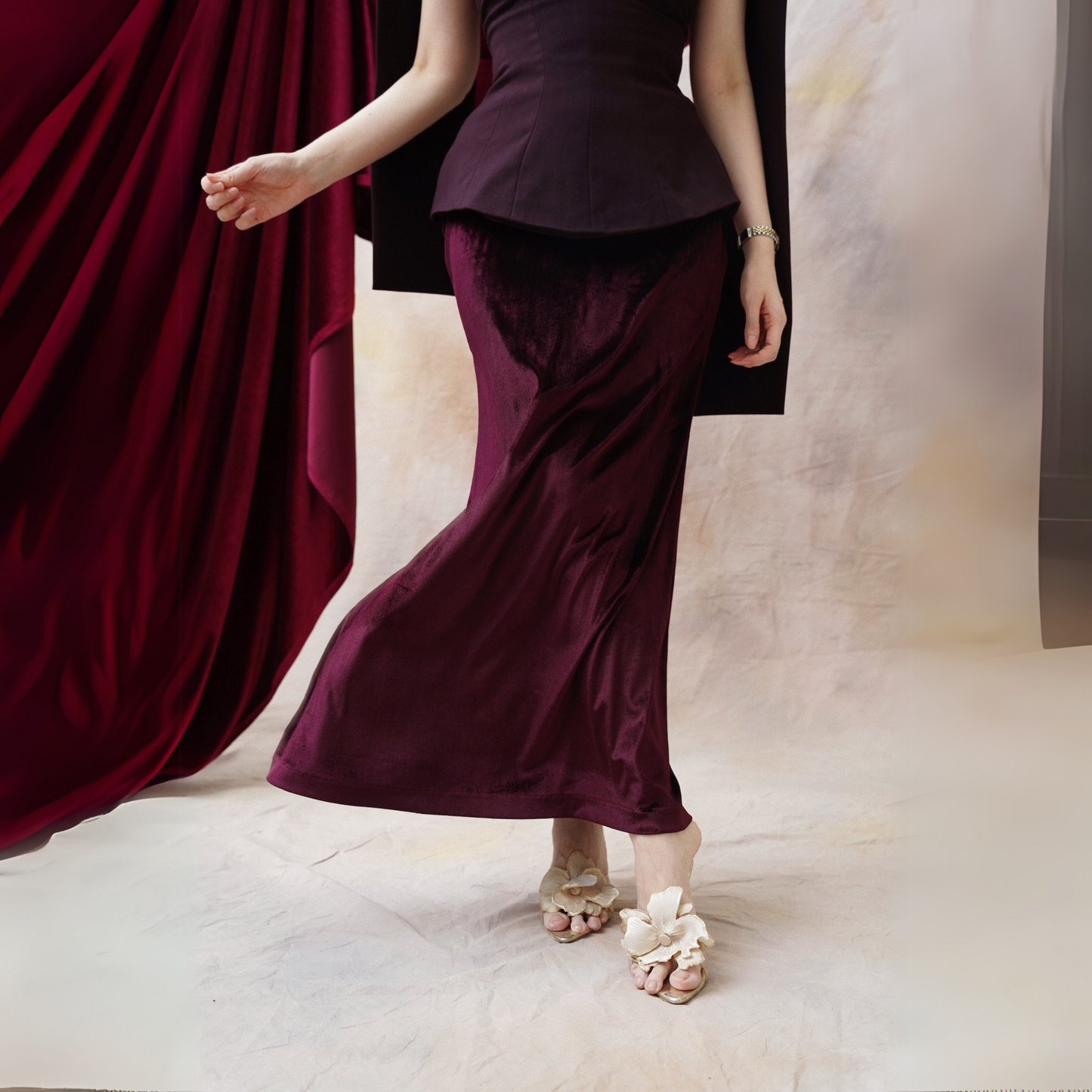 Pavia Maxi Skirt Burgundy Velvet - VF